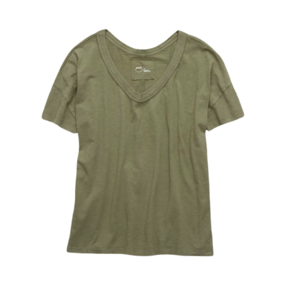 aerie Oversized V-Neck Boyfriend T-Shirt in olive green color